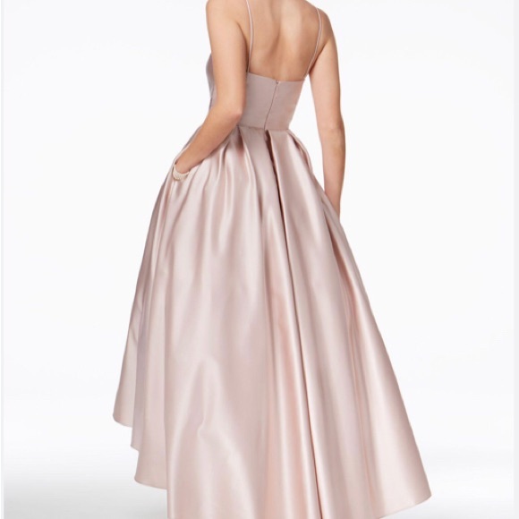 Betsy & Adam High Low Champagne Satin Gown - Picture 2 of 5